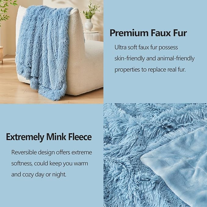 GONAAP Fuzzy Faux Fur Throw Blanket Twin Size Light Blue Super Soft Cozy Plush Fuzzy Shaggy Blanket for Couch Sofa Bed (Light Blue, Twin(60"x80"))-HomvellaHome