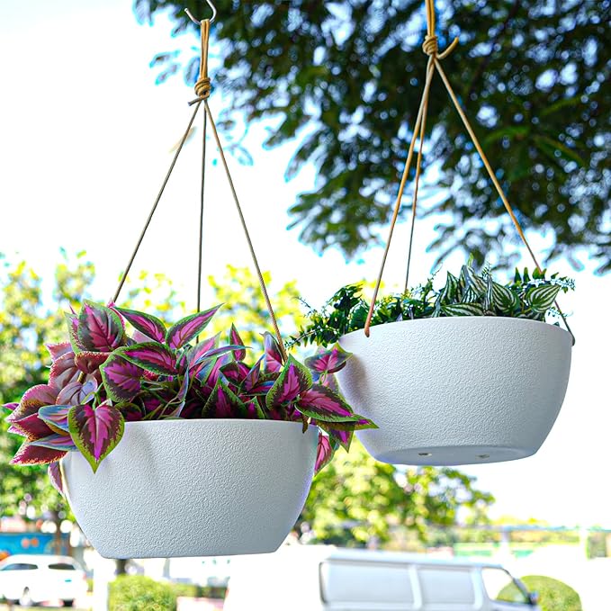 13 Inch 2 Pack Large Hanging Planters for Indoor Outdoor Plants, Plastic Hanging Basket Pots for House Plants Flowers, White-HomvellaHome