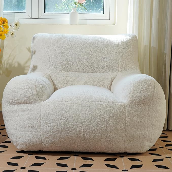 Giant Bean Bag Chair, Lambswool Bean Bag Chair for Adults, Eco-Friendly Filling Soft Bean Bag, White Been Bag for Bedroom, Living Room-HomvellaHome
