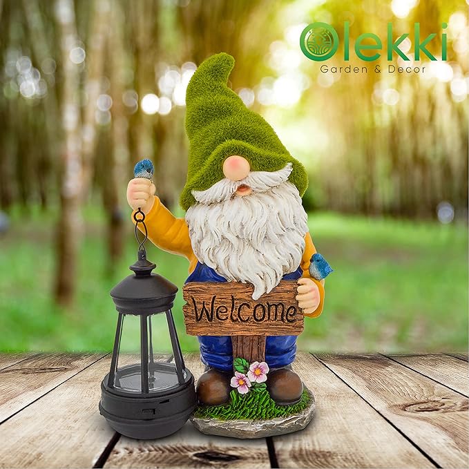Garden Gnomes Outdoor - Flocked Gnome Statue Holding Lantern with Solar LED Lights | Gnomes Garden Decorations for Patio, Yard, Lawn Ornaments - Gnome Gifts-HomvellaHome