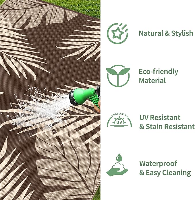 GENIMO Outdoor Rug 10' x 14' Waterproof for Patios Clearance, Reversible Outdoor Plastic Straw Camping Rug Carpet, Large Area Rugs Mats for RV, Camper, Deck, Balcony, Porch, Beach, Coffee&Beige-HomvellaHome