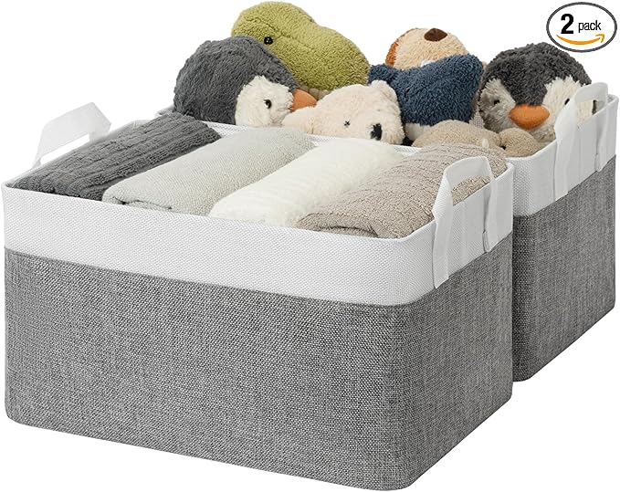 GRANNY SAYS Storage Baskets for Shelves, Closet Organizer Bins, Clothes Storage Bins with Metal Frame, Large Baskets for Organizing and Storage, Collapsible, Gray&White, 2-Pack-HomvellaHome