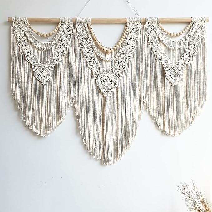 guzhiou large macrame wall hanging - Boho Tapestry Macrame Wall Decor Art- Chic Bohemian Handmade Woven Tapestry Home Decoration for Bedroom Living Room Apartment Wedding Party - 43"x32" (Wood bead)-HomvellaHome