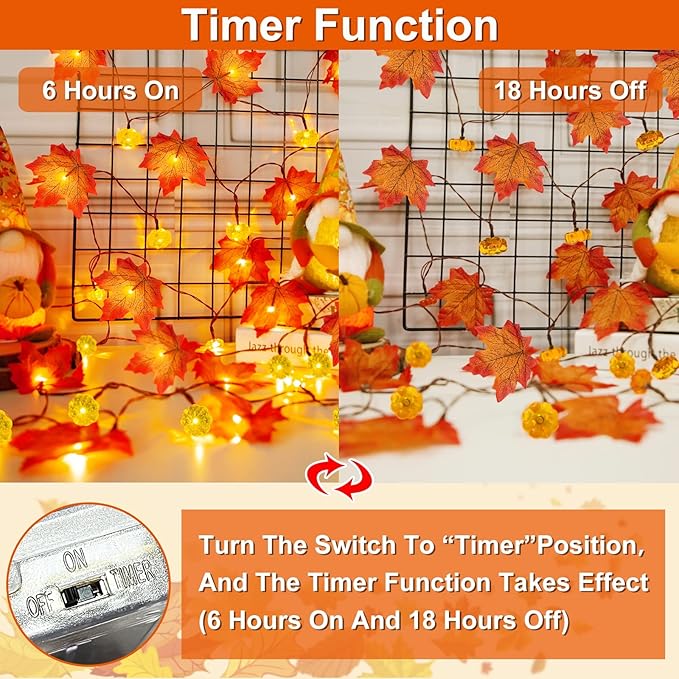 2 Pack & Timer - Fall Garland with Pumpkin Lights Halloween Fall Decor for Home 60LED 20Ft Enlarged Maples Leaves Halloween Garland Lights Indoor Battery Operated Thanksgiving Decor Wedding Christmas-HomvellaHome