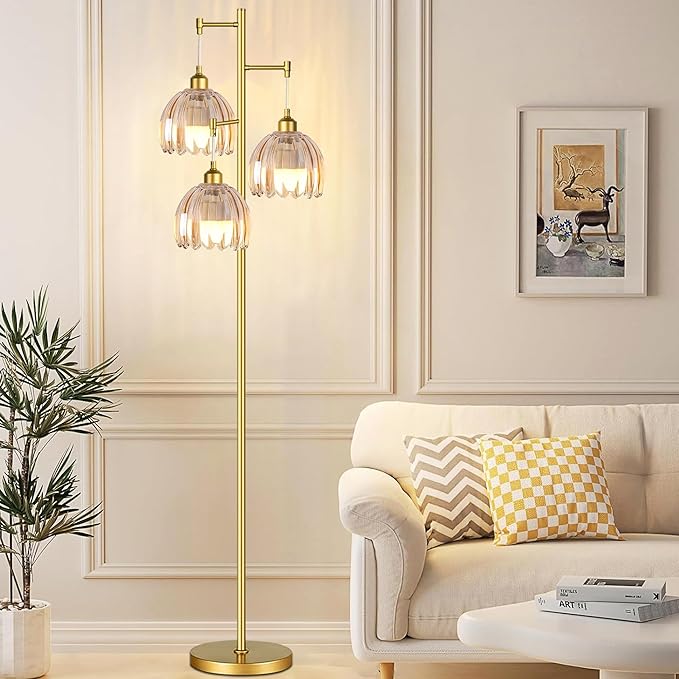 Gold Floor Lamp for Living Room,Bedroom,Tree 3 Light Standing Lamp Mid Century Modern Brass Tall Floor Lamps Vintage Retro Floor Lights Glass Flower Amber Lamp Shade Farmhouse Boho Bohemian-HomvellaHome