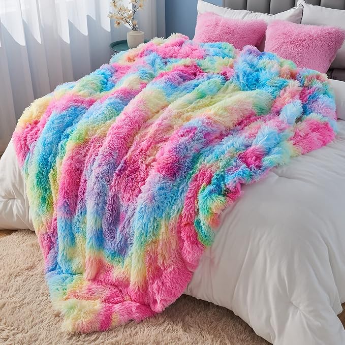 GONAAP Fuzzy Faux Fur Throw Blanket Queen Size Dark Rainbow Super Soft Cozy Plush Fuzzy Shaggy Blanket for Couch Sofa Bed (Dark Rainbow, Queen(90"x90"))-HomvellaHome