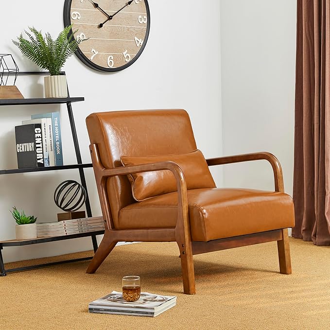 Glitzhome 2 Set Mid Century Yellowish Brown Accent Armchair, Single Reading Armchair PU Leather Lounge Chair with Walnut Ruberwood Frame-HomvellaHome
