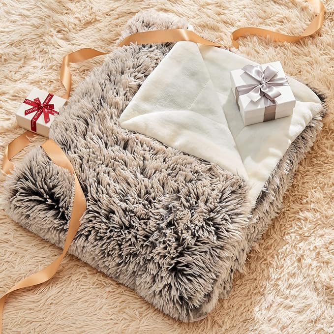 GONAAP Fuzzy Faux Fur Throw Blanket Queen Size Frosty Brown Super Soft Cozy Plush Fuzzy Shaggy Blanket for Couch Sofa Bed (Frosty Brown, Queen(90"x90"))-HomvellaHome