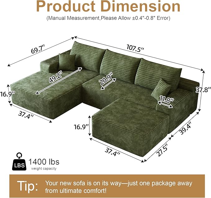 108" Sectional Couches for Living Room Modern Modular Sofa with L-Shape Couchs Upholstered Boneless Couch Deep Seat Sectional Couch with Chaise (Green, Left Facing Chaise+2Seaters+1Ottoman)-HomvellaHome