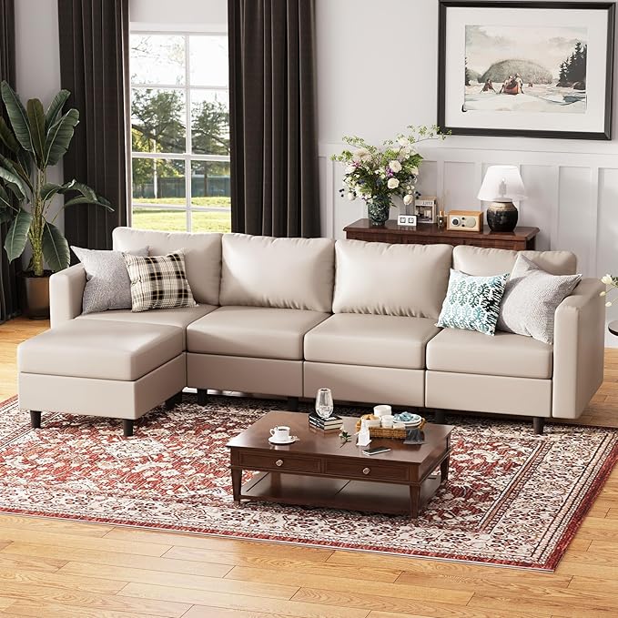 118.5" Faux Leather Modular Sectional Sofa, L Shaped Couch Set for Living Room, 5-Seater Comfy Cloud Couches with Movable Storage Ottoman,DIY Combination - Whitesand-HomvellaHome