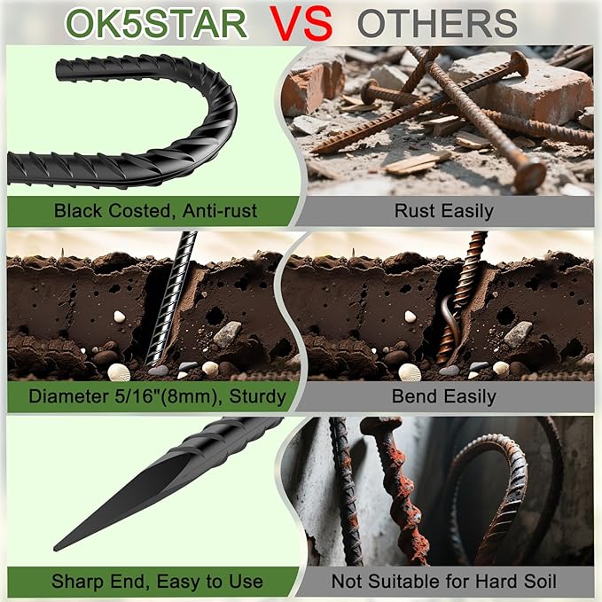 16" Ground Rebar Stakes Heavy Duty J Hook Ground Anchors, 5/16 inch Curved Steel Tent Stakes Anti Rust Steel Ground Stakes for Chain Link Wire Fencing, Pack of 40, Black-HomvellaHome