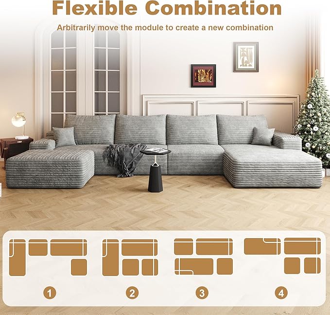 136" Sectional Couches for Living Room Modern Modular Sofa with L-Shape Couchs Upholstered Boneless Couch Deep Seat Sectional Couch with Chaise (Grey, Right Facing Chaise+3Seaters+Ottoman)-HomvellaHome