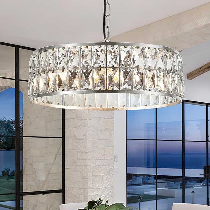 16” 4-Light Modern Crystal Chandeliers Nickel Dinning Room Light Fixture, Round Pendant Light Kitchen Island Chandelier, Flush Mount Ceiling Light for Living Room Entryway Bedroom Foyer-HomvellaHome