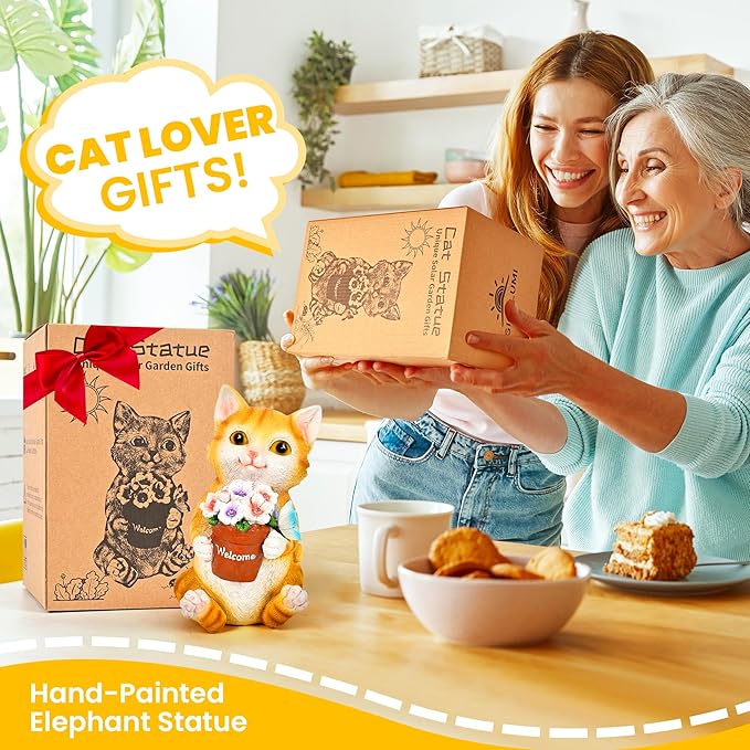 GIGALUMI Solar Garden Decor Flower Pot Cat Statues Outdoor, Birthday Gifts for Women Mom Grandma Senior Elder, Cat Ornament for Balcony, Garden, Patio, Yard, Lawn-HomvellaHome