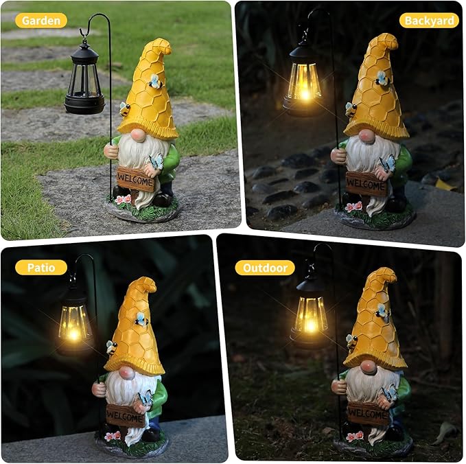Gnome Garden Decor Statue Mom Dad Gifts Garden Accessories Garden Gnomes Outdoor Lights Solar Resin Gnomes Home Decorations for Patio,Yard,Lawn Ornament-HomvellaHome