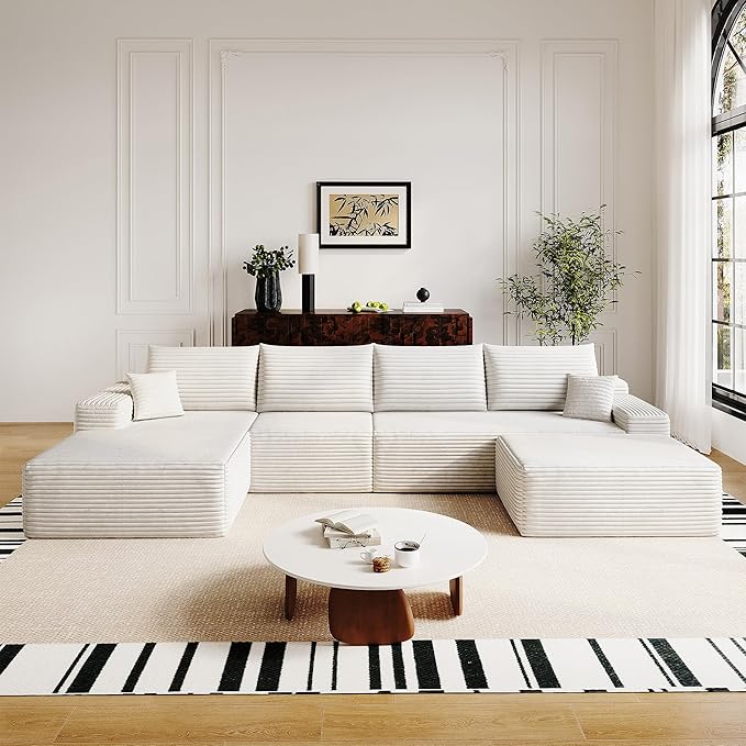 136" Sectional Couches for Living Room Modern Modular Sofa with L-Shape Couchs Upholstered Boneless Couch Deep Seat Sectional Couch with Chaise (White, Left Facing Chaise+3Seaters+Ottoman)-HomvellaHome