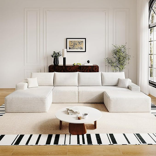 136" Sectional Couches for Living Room Modern Modular Sofa with L-Shape Couchs Upholstered Boneless Couch Deep Seat Sectional Couch with Chaise (White, Left Facing Chaise+3Seaters+Ottoman)-HomvellaHome