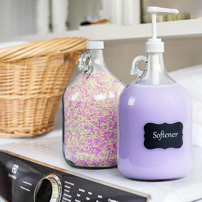 2 Pack Gallon Glass Pump Bottle Dispensers with 3 Pumps and 2 Airtight Lids, Laundry Soap Dispensers with 1 Funnel, Liquid Laundry Detergent Dispensers for Fabric Softener, Shampoo, Body Wash-HomvellaHome