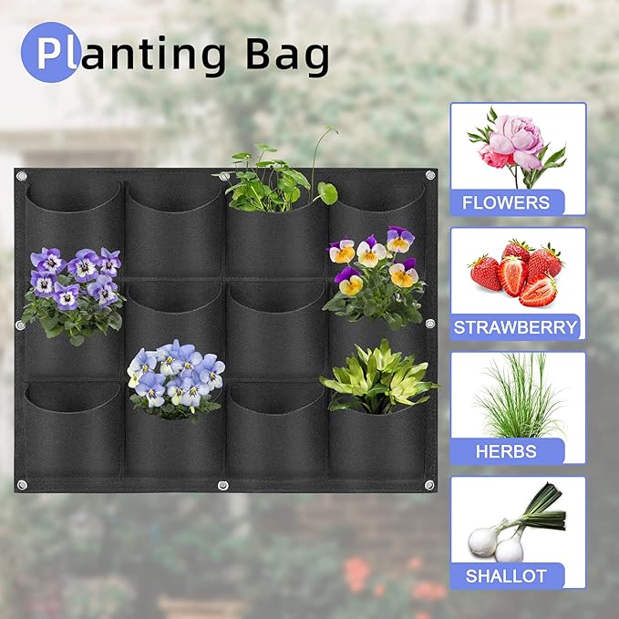 12 Pockets Hanging Planter Bags, Hanging Vertical Wall Mounted Plant Planting Grow Bags, Herb Garden Planter Outdoor Indoor Growing Bag, Gardening Vertical Greening Flower Container(0.6m×0.8m, Black)-HomvellaHome