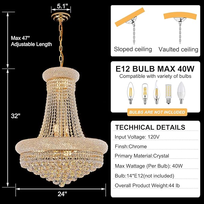 14 - Light Unique Empire Crystal Chandelier with Adjustable Chain for High Ceiling Foyer Entryway Living Room Dining Room Bedroom Gold Finish-HomvellaHome