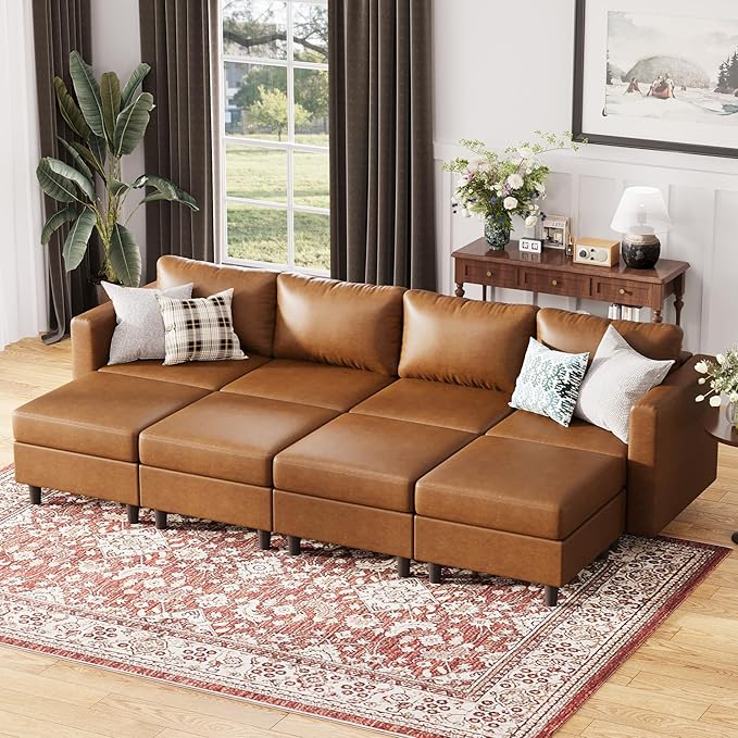 118.5" Luxury Modular Sleeper Sofa Bed with Storage Seat, 8 Seat Sectional Couch Deep Seat with Reversible Chaises & Removable Cover - Brown Faux Leather-HomvellaHome