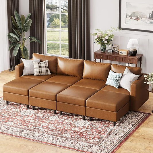 118.5" Luxury Modular Sleeper Sofa Bed with Storage Seat, 8 Seat Sectional Couch Deep Seat with Reversible Chaises & Removable Cover - Brown Faux Leather-HomvellaHome