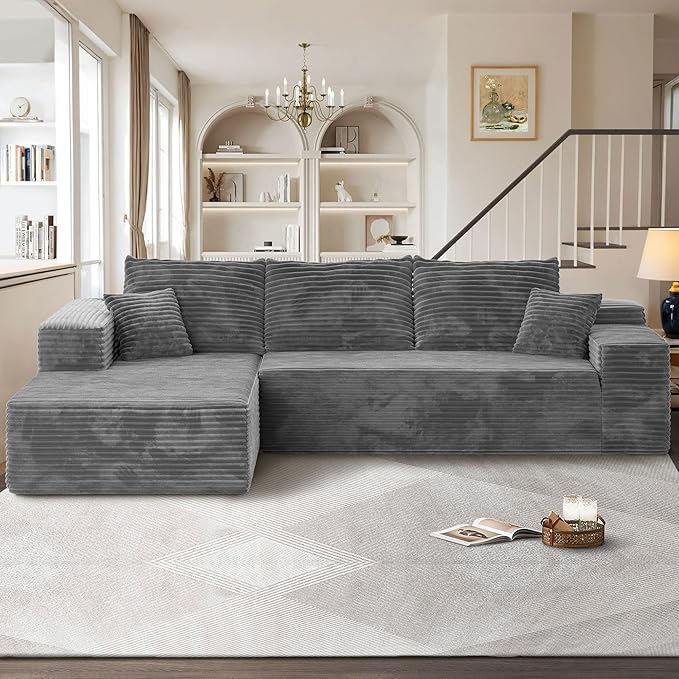 104" Cloudy Sectional L Shaped Couch for Living Room, No Assembly Required, Modular Comfy Sofa with Deep Seat, Fluffy Couch with Sleeper Chaise for Apartment Lounge (Grey)-HomvellaHome