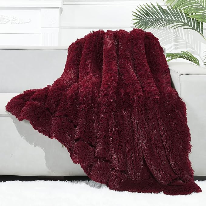GONAAP Fuzzy Faux Fur Throw Blanket Twin Size Wine Red Super Soft Cozy Plush Fuzzy Shaggy Blanket for Couch Sofa Bed (Wine Red, Twin(60"x80"))-HomvellaHome