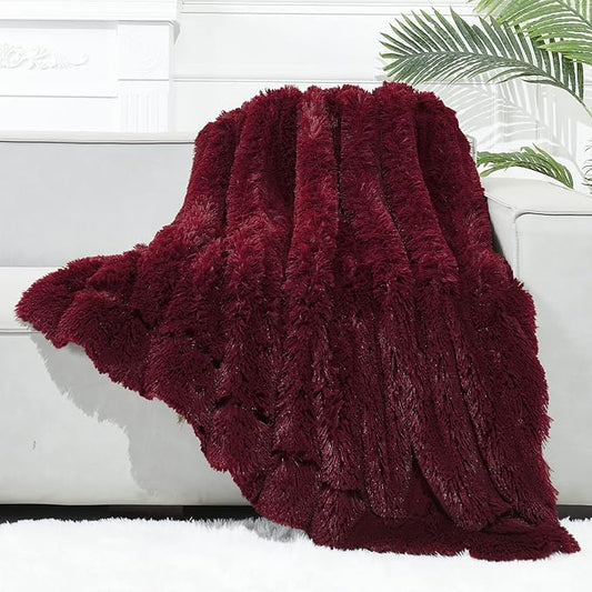 GONAAP Fuzzy Faux Fur Throw Blanket Twin Size Wine Red Super Soft Cozy Plush Fuzzy Shaggy Blanket for Couch Sofa Bed (Wine Red, Twin(60"x80"))-HomvellaHome