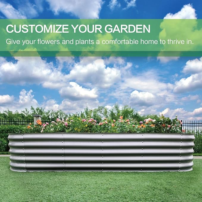Gardmax Galvanized Raised Garden Bed, Lightweight Planter Boxes Outdoor with Easy Assembly, Large Garden Bed for Vegetables, Fruits, Flower Silver 8FT-HomvellaHome