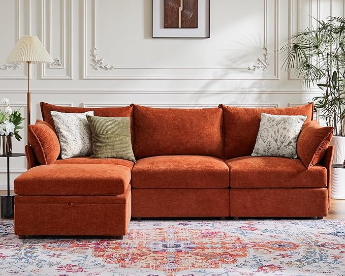 102.6" Modular Sectional Sofa, L Shaped Couch Set for Living Room, 3-Seater Comfy Cloud Couches with Movable Storage Ottoman,DIY Combination - Chenille Terracotta Orange-HomvellaHome