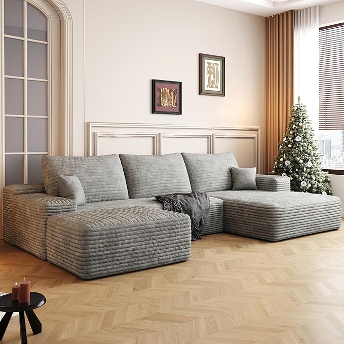 108" Sectional Couches for Living Room Modern Modular Sofa with L-Shape Couchs Upholstered Boneless Couch Deep Seat Sectional Couch with Chaise (Grey, Right Facing Chaise+2Seaters+1Ottoman)-HomvellaHome