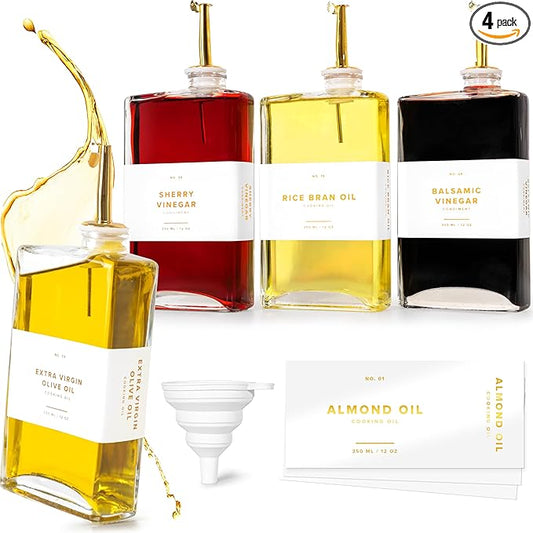 Glass Olive Oil Dispenser Bottle Set [4x12oz]: 36 Premium Gold Labels, Oil Dispenser for kitchen, Vinegar Bottle Set, Glass Dispensers for Soy Sauce, Syrup Bottles | Set of 4-HomvellaHome