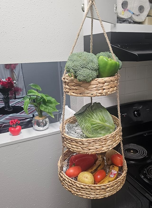 Generic HANFRUBASK - Hanging Fruit Basket Set of 3, Woven Water Hyacinth, Round, Beige, Rustic, Kitchen Storage & Organization-HomvellaHome