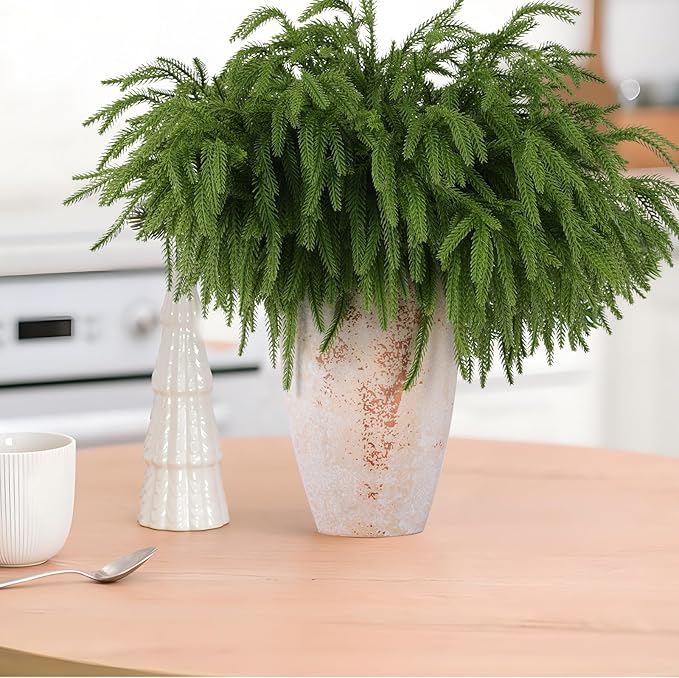 12 Pcs Artificial Norfolk Pine Branches, Norfolk Pine Artificial Pine Stems DIY Crafts Faux Christmas Greenary Norfolk Pine Branches for Xmas Wreath Garland Home Decor (12)-HomvellaHome