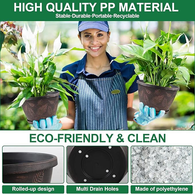 11 inch Plant Pot, 3 Pack Large Pots for Plants, Flower Pots with Drainage Hole & Saucer, Modern Planters for Indoor Outdoor Plants, Decorative Plastic Garden Pots (Copper)-HomvellaHome