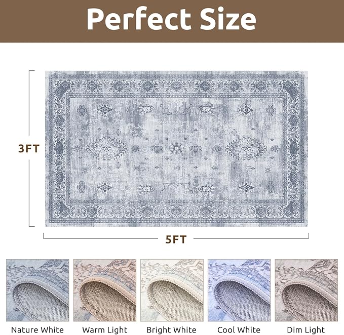 AMOAMI-Vintage Area Rug 3x5 Blue Rugs for Living Room-Soft Washable Rug Non Slip Entryway Rug Indoor Vintage Throw Accent for Bedroom Laundry Room Dining Bathroom Bedside-HomvellaHome