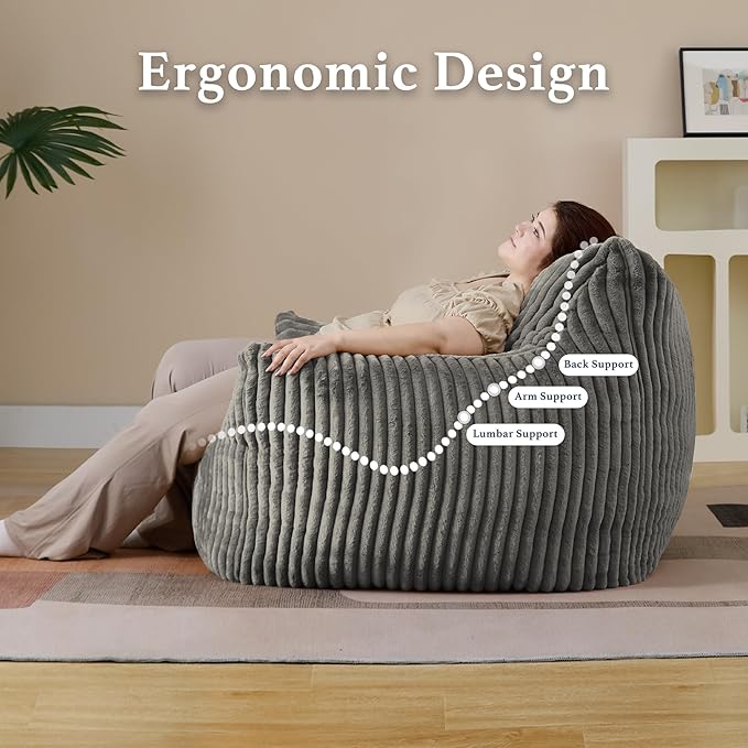 Giant Plush Bean Bag Chair for Adults with Armrests - Oversized Comfy Light Grey Beanbag Lounge Lazy Floor Sofa Accent Chair for Living Room, Bedroom & Dorm, Cozy Fluffy Single Cloud Mini Couch-HomvellaHome