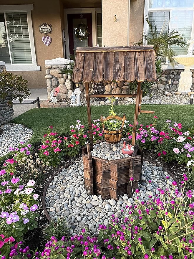 Garden Wooden Decor Rustic Wishing Well Planter Outdoor Home Décor for Patio, Upgrade Wishing Well Garden, Yard Hanging Bucket Patio Lawn Backyard Home Decor-HomvellaHome
