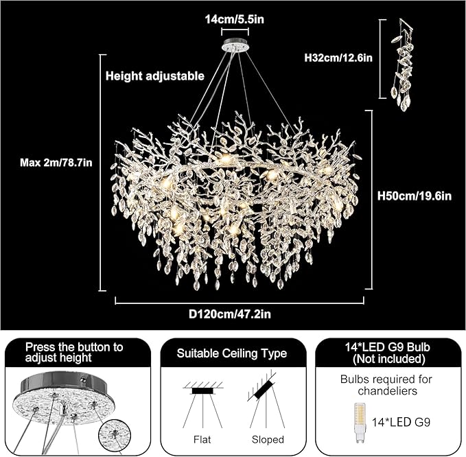 14-Light Modern Living Room Crystal Chandeliers,48" Round Silver Tree Branche Chandelier,Silver K9 Crystal Chandeliers for Dining Room,High Ceiling,Entryway、Foyer-HomvellaHome