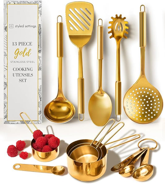 Gold Cooking Utensils with Measuring Cups and Spoons Set - 13-Piece Luxury Gold Kitchen Accessories Includes Metal Measuring Cups and Spoons for Baking, Cooking, and Elegant Kitchen Decor-HomvellaHome