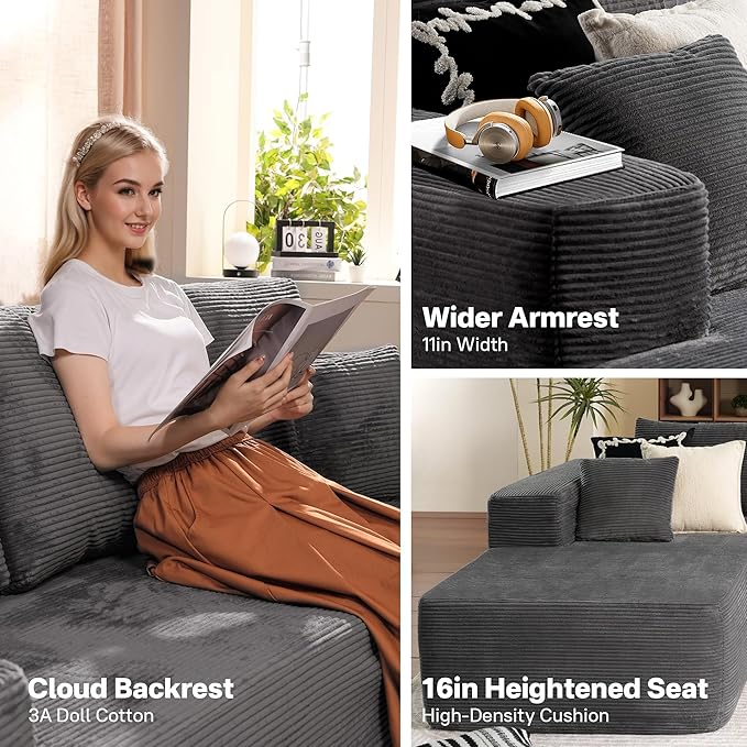 104" Cloud Sectional Couches for Living Room,L Shaped Boneless Couch in A Box,Sleeper Sofa with Comfy Chaise No Assembly Required,Grey-HomvellaHome