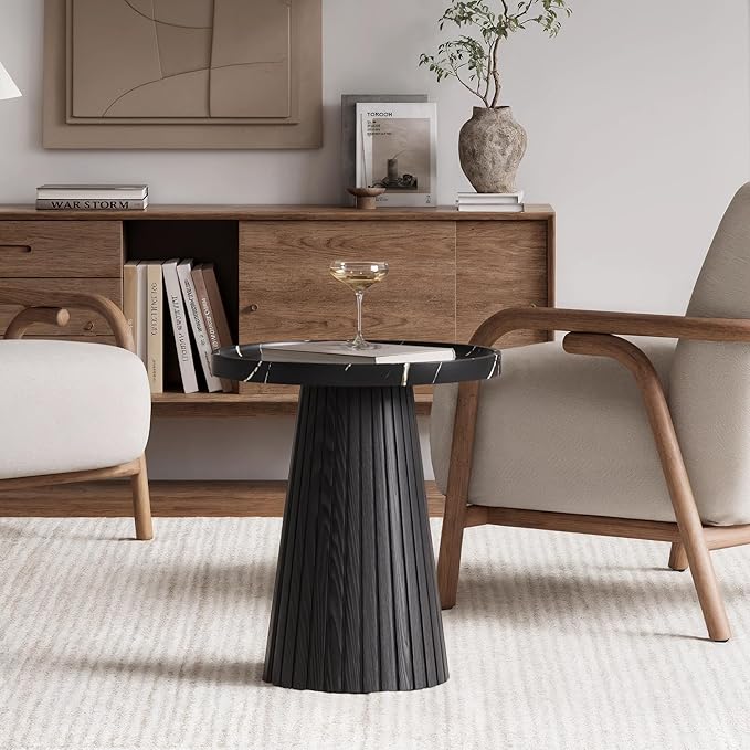 win2win Nesting Coffee Table Set of 2, Modern Coffee Table with Marble Veneer, Fluted Round Tea Table and End Table Set, Minimalist Center Tables for Living Room, Office, Black-HomvellaHome