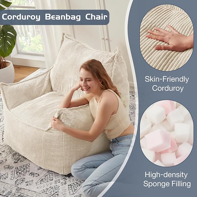 Giant Bean Bag Chair Sofa for Adults Teens, Comfy Corduroy Large Bean Bag Chairs with Armrests for Bedroom Living Room, Adult BeanBag Lazy Sofa Couch Chairs with Filler Included-HomvellaHome
