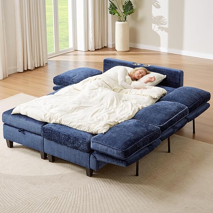 110" Modular Sectional Sofa, Convertible Sleeper Sofa Couch Bed with Adjustable Backrest, U-Shaped Chenille Cloud Couch with Ottoman Storage, Deep Seat Couches for Living Room,Blue-HomvellaHome