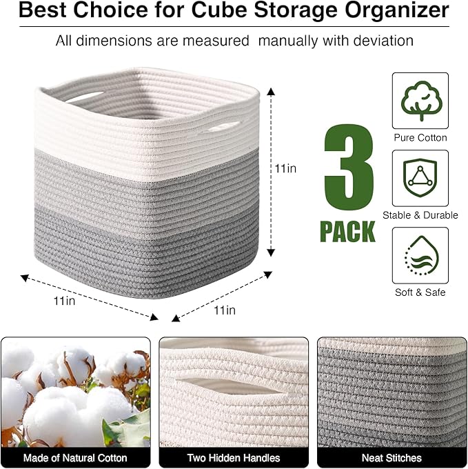 11 Inch Cube Storage Bins, Storage Cube Organizer Bins, Woven Cotton Rope Basket for Storage, Storage Baskets for Organizing Shelves, Grey Baskets for Toys, Gradient Grey (Pack of 3)-HomvellaHome