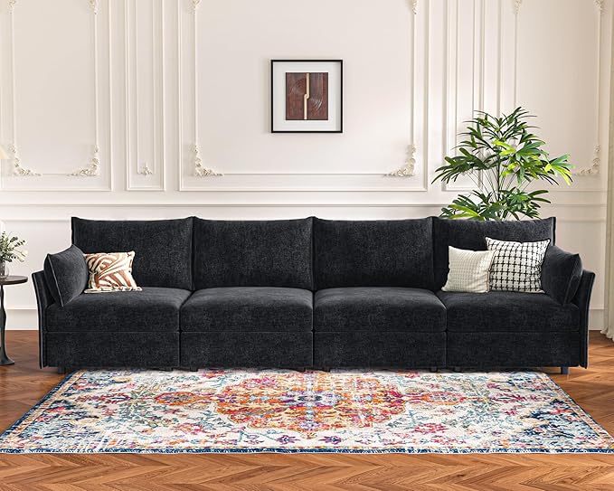 134.6" Modular Sectional Sofa, Oversized 4 Seater Couch with Removable Black Chenille Fabric Cover, Deep Seat & High Backrest for Living Room, Office & Apartment-HomvellaHome
