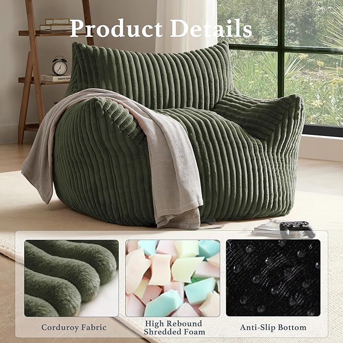 Giant Plush Bean Bag Chair for Adults with Armrests - Oversized Comfy Green Beanbag Lounge Lazy Floor Sofa Accent Chair for Living Room, Bedroom & Dorm, Cozy Fluffy Single Cloud Mini Couch-HomvellaHome