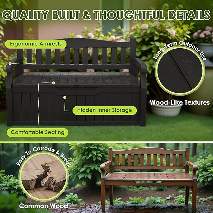 Greesum 80 Gallon Outdoor Storage Bench, Resin Patio Furniture with Armrest,Waterproof and UV-Resistant, Perfect to Garden, Poolside and Lawn, Dark Black-HomvellaHome