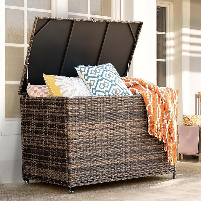 178 Gallon Outdoor Storage Box, Handle Large Portable Wicker Rattan Deck Box for Patio Furniture Cushions, Patio Deck Box with 2 WheelsThrow Pillows, Garden Tools and Pool Floats (Brown)-HomvellaHome